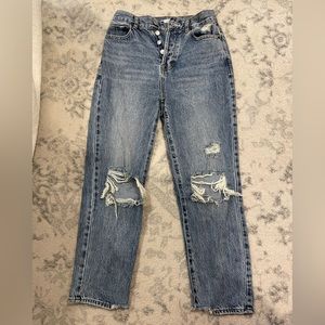 Pacsun High Rise Straight Leg Jeans, Size 25, Light Wash, Knee Rips